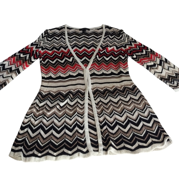 White House Black Market Black White Red Chevron Knit Sweater Cardigan Boho Sz L - Picture 6 of 10